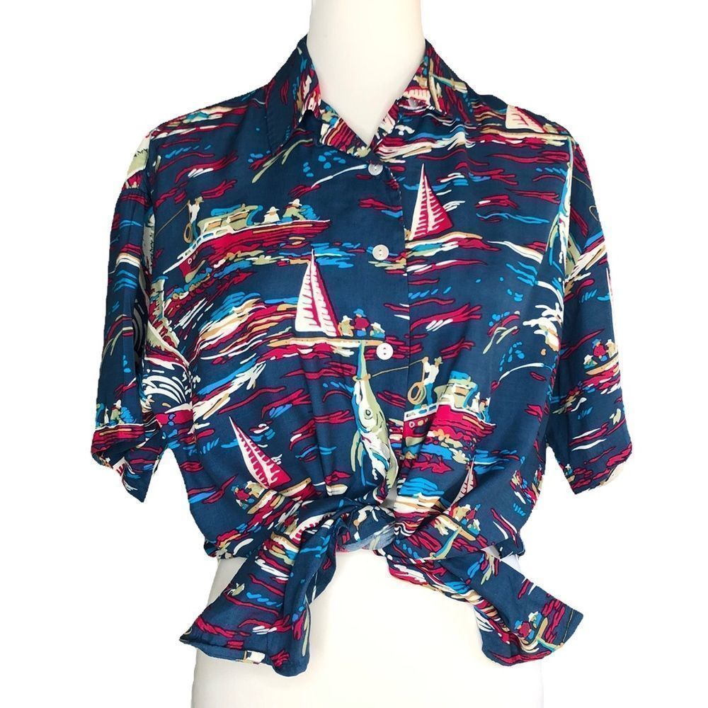 Vintage Women’s Barn Fly Trading Co Rayon Marlin Shirt sz M